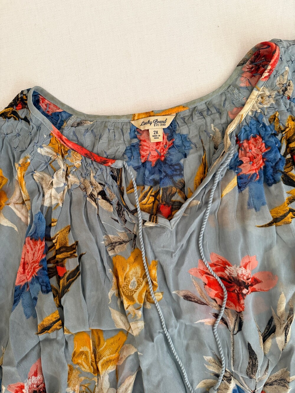 Lucky Brand 2X Blue Floral Blouse Long Sleeve Sheer Fabric 0156